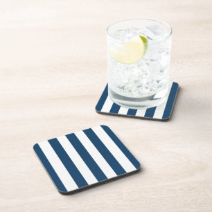 Navy Blue Stripes, White Stripes, Striped Pattern Beverage Coaster
