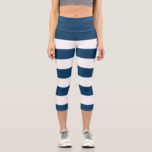 Navy Blue Stripes, White Stripes, Striped Pattern Capri Leggings (Front)