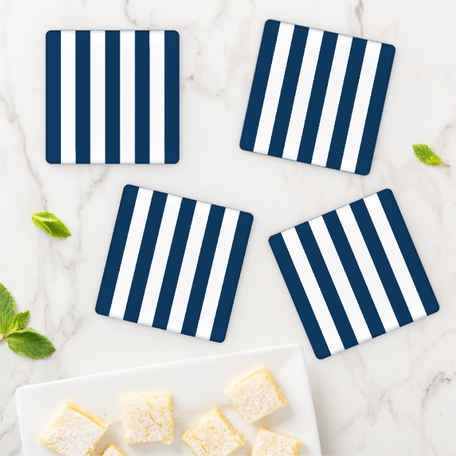 Navy Blue Stripes, White Stripes, Striped Pattern Coaster Set (In Situ)