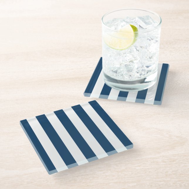 Navy Blue Stripes, White Stripes, Striped Pattern Glass Coaster (Angled)