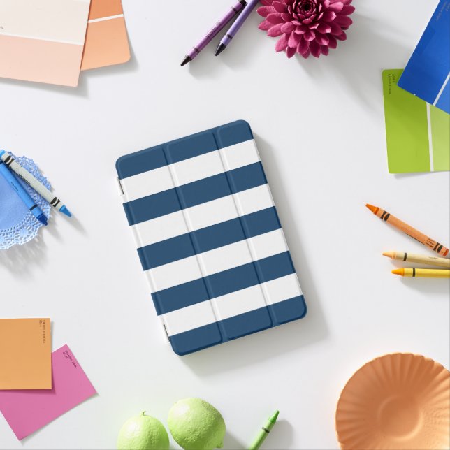 Navy Blue Stripes, White Stripes, Striped Pattern iPad Mini Cover (In Situ)