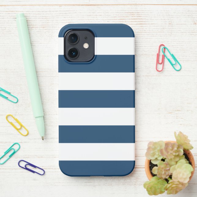 Navy Blue Stripes, White Stripes, Striped Pattern iPhone Case (On Desk)