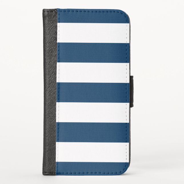 Navy Blue Stripes, White Stripes, Striped Pattern iPhone Wallet Case (Front)
