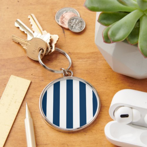 Navy Blue Stripes White Stripes Striped Pattern Keychain