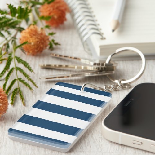 Navy Blue Stripes White Stripes Striped Pattern Keychain