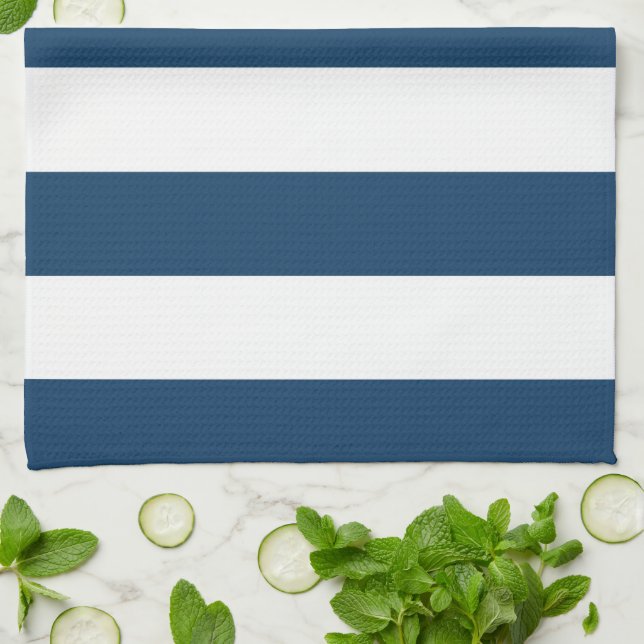 Navy Blue Stripes, White Stripes, Striped Pattern Kitchen Towel (Folded)
