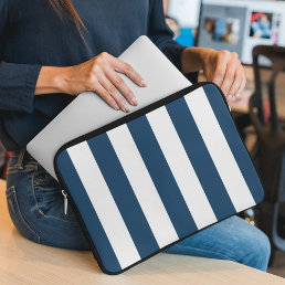 Navy Blue Stripes, White Stripes, Striped Pattern Laptop Sleeve
