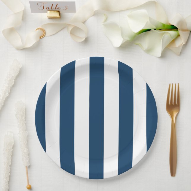 Navy Blue Stripes, White Stripes, Striped Pattern Paper Plates (Wedding)