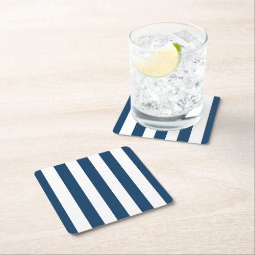 Navy Blue Stripes White Stripes Striped Pattern Square Paper Coaster