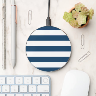 Navy Blue Stripes, White Stripes, Striped Pattern Wireless Charger