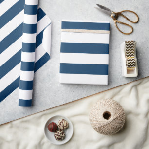Navy Blue Stripes, White Stripes, Striped Pattern Wrapping Paper