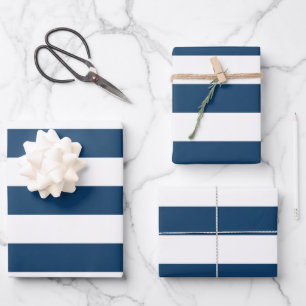 Navy Blue Stripes, White Stripes, Striped Pattern Wrapping Paper Sheets