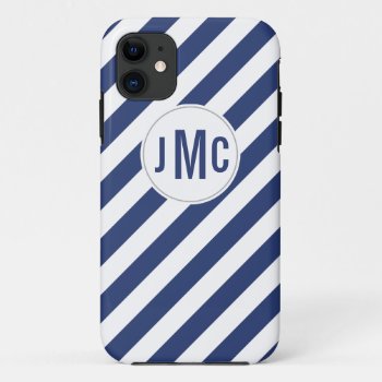 Navy Blue Stripes With Custom Monogram Iphone 11 Case by thepetitepear at Zazzle