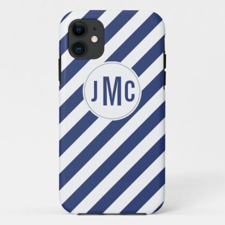 Navy Blue Stripes With Custom Monogram Iphone 11 Case