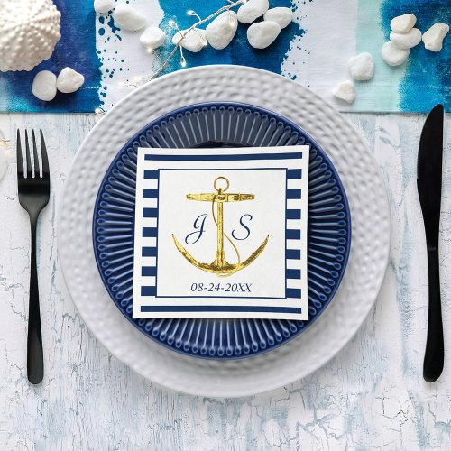 Navy Blue Stripes with Gold Anchor Wedding Napkins