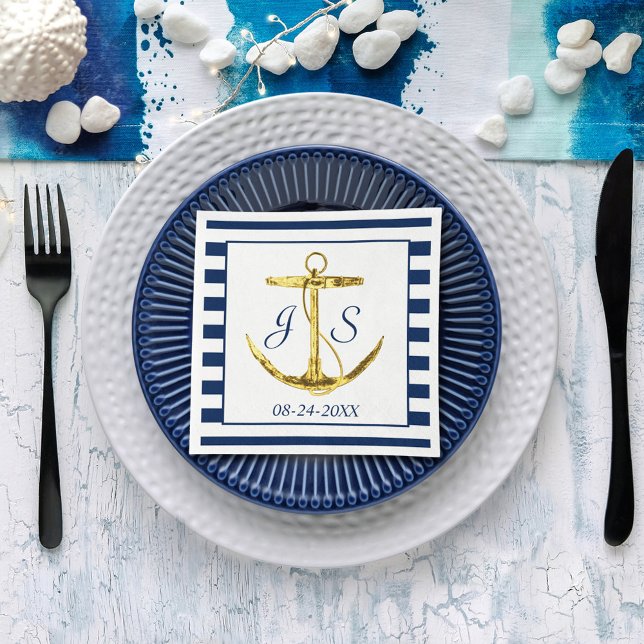 Navy Blue Stripes with Gold Anchor Wedding Napkins (Creator Uploaded)