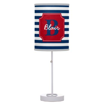 Navy Blue Stripes With Red Frame Name And Initial Table Lamp by Jmariegarza at Zazzle