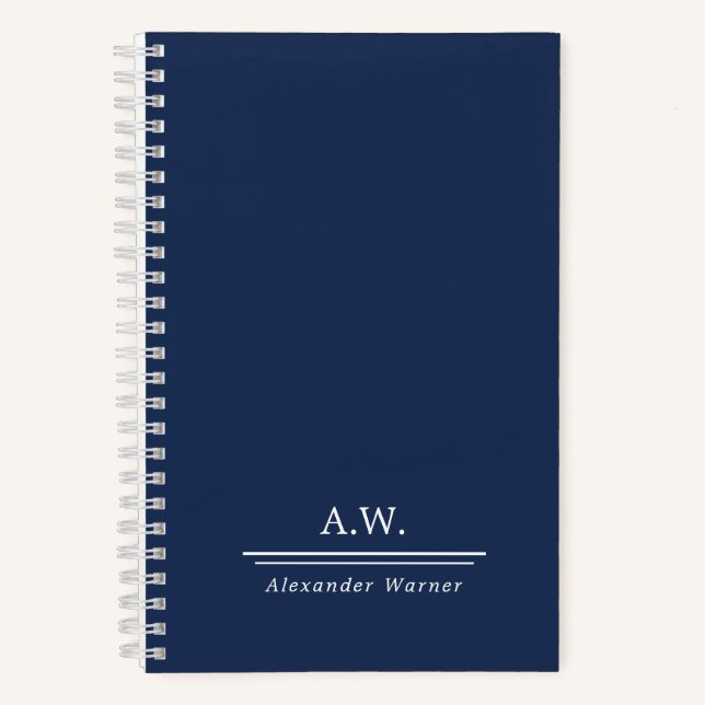 Navy Blue Stylish Monogram & Name Notebook (Front)
