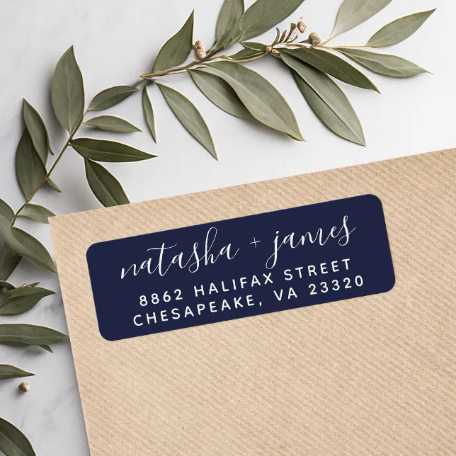Navy Blue Stylish Script Wedding Return Address Label | Zazzle