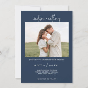 Navy Blue Stylish Script with Photo Wedding  Invitation
