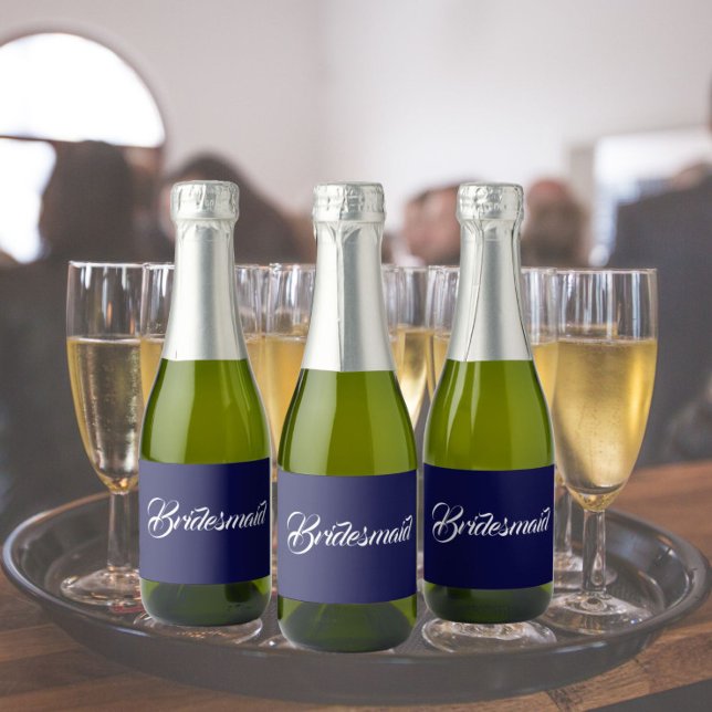 Navy Blue Stylized Script Wedding Bridesmaid Sparkling Wine Label (In Situ Wedding)
