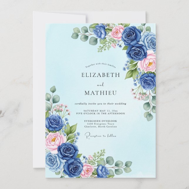Navy Blue Sublime Botanical Spring Wedding Invitation (Front)
