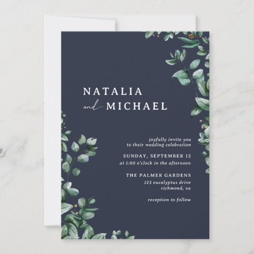 Navy Blue Subtle Greenery  Elegant Modern Wedding Invitation