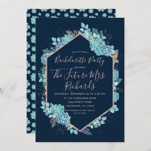Navy Blue Succulents Bachelorette Party Invitation