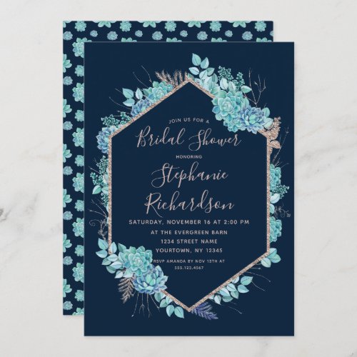 Navy Blue Succulents Bridal Shower Invitation