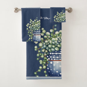 Navy Blue Succulents in Pots Plant Themed Bath Towel Set