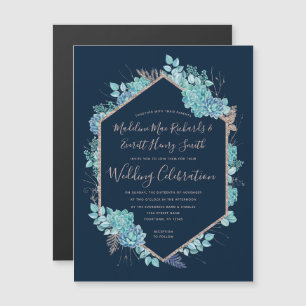 Navy Blue Succulents Magnetic Wedding Invitation