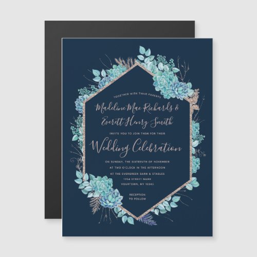 Navy Blue Succulents Magnetic Wedding Invitation