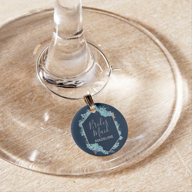 Navy Blue Succulents & Rose Gold Bridesmaid Wine Wine Charm (In Situ)