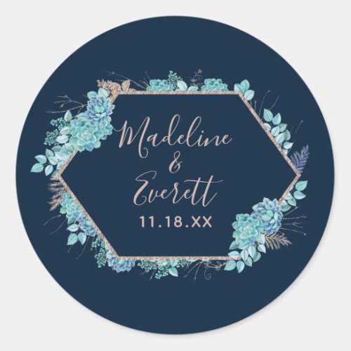 Navy Blue Succulents  Rose Gold Monogram Wedding Classic Round Sticker