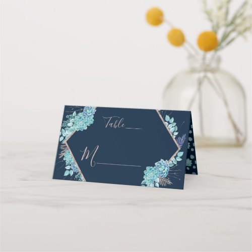 Navy Blue Succulents  Rose Gold Table Number Place Card