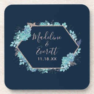 Navy Blue Succulents & Rose Gold Wedding Monogram Beverage Coaster