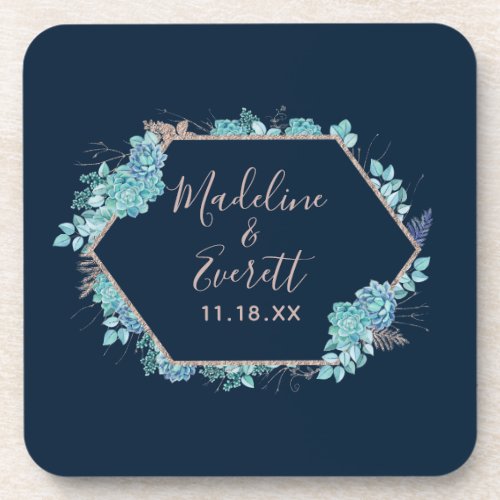 Navy Blue Succulents  Rose Gold Wedding Monogram Beverage Coaster