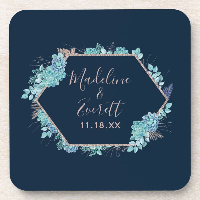 Navy Blue Succulents & Rose Gold Wedding Monogram Beverage Coaster (Front)