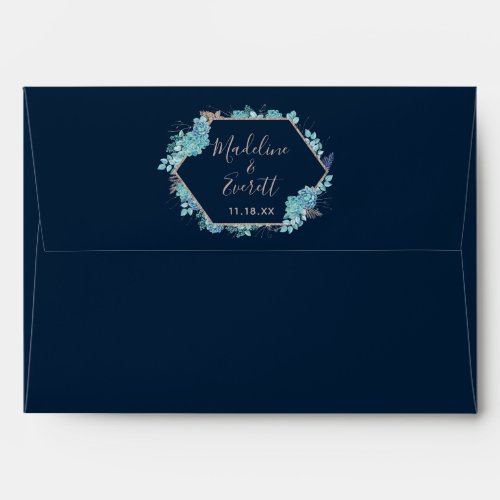 Navy Blue Succulents  Rose Gold Wedding Monogram Envelope