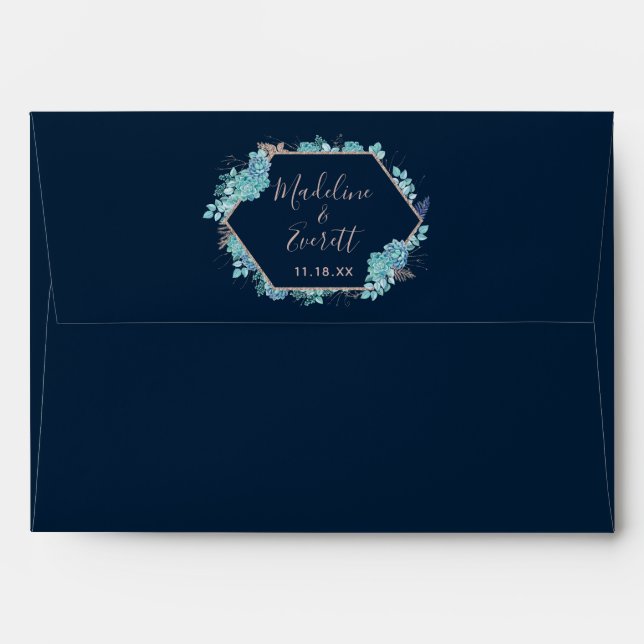 Navy Blue Succulents & Rose Gold Wedding Monogram Envelope (Back (Top Flap))