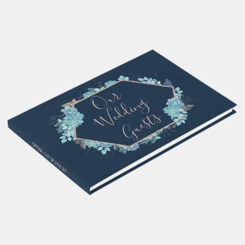 Navy Blue Succulents  Rose Gold Wedding Monogram Guest Book