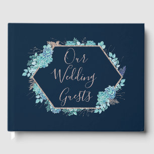 Navy Blue Succulents & Rose Gold Wedding Monogram Guest Book
