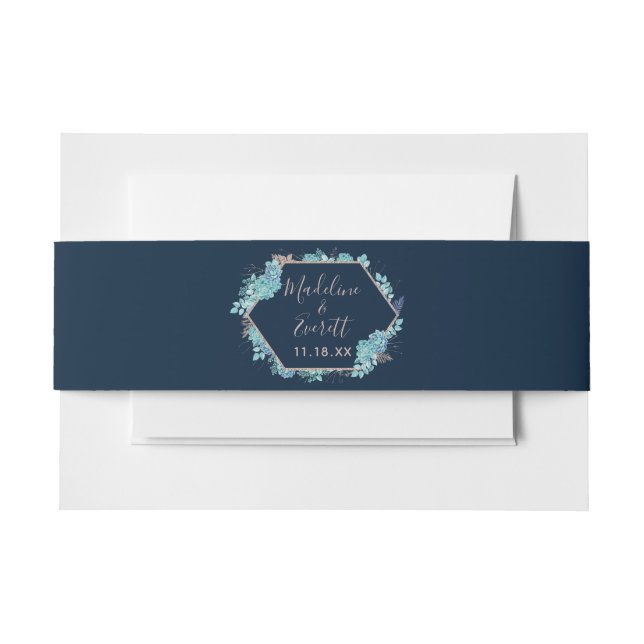 Navy Blue Succulents & Rose Gold Wedding Monogram Invitation Belly Band (Front Example)