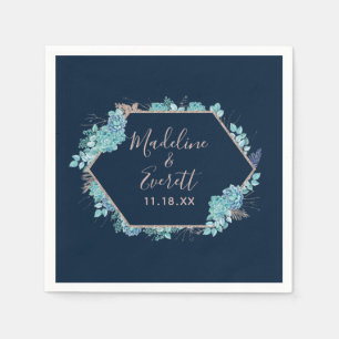 Navy Blue Succulents & Rose Gold Wedding Monogram Napkins