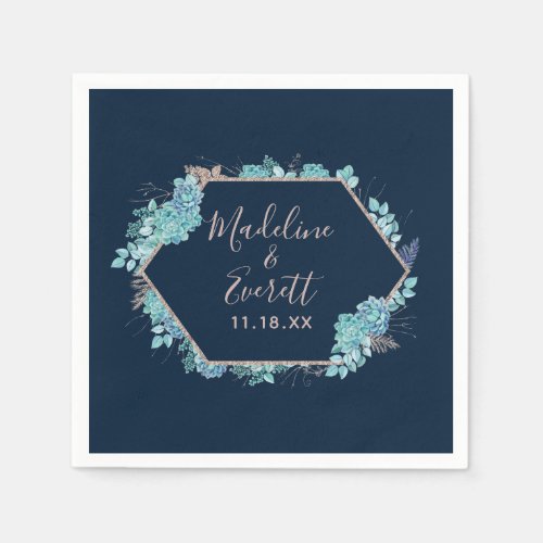 Navy Blue Succulents  Rose Gold Wedding Monogram Napkins