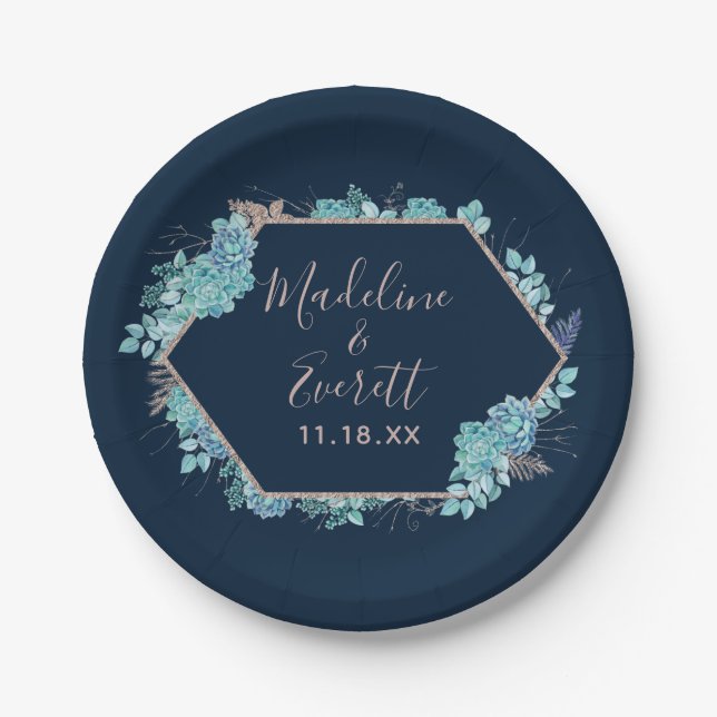Navy Blue Succulents & Rose Gold Wedding Monogram Paper Plates (Front)