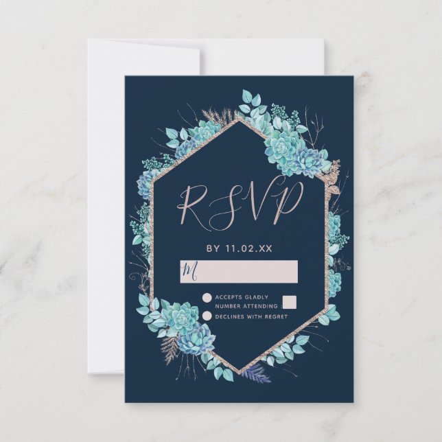 Navy Blue Succulents & Rose Gold Wedding RSVP (Front)