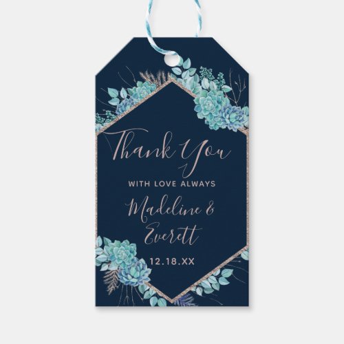 Navy Blue Succulents  Rose Gold Wedding Thank You Gift Tags