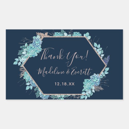 Navy Blue Succulents  Rose Gold Wedding Thank You Rectangular Sticker