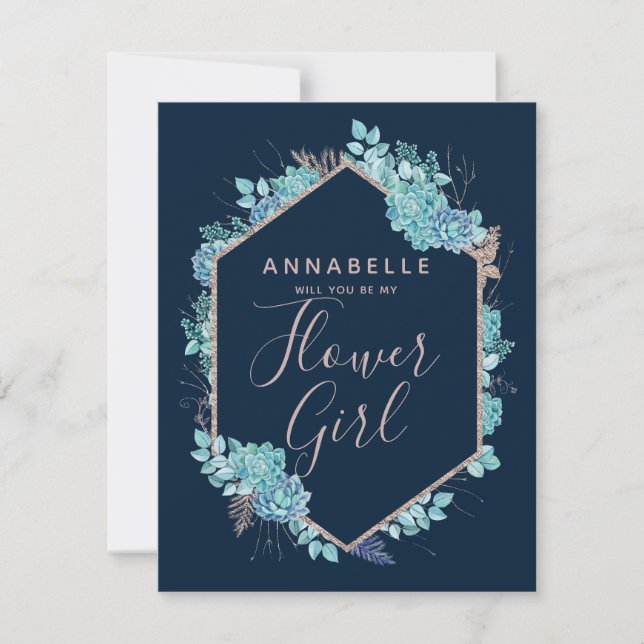 Navy Blue Succulents Will You Be My Flower Girl Invitation (Front)